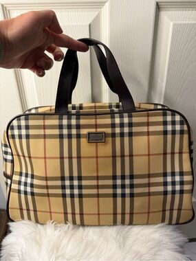 Burberry Yellow Check Travel Tote with Dark Brown Handles